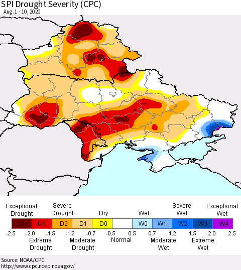 Ukraine, Moldova and Belarus SPI Drought Severity (CPC) Thematic Map For 8/1/2020 - 8/10/2020