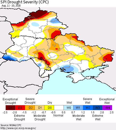 Ukraine, Moldova and Belarus SPI Drought Severity (CPC) Thematic Map For 8/11/2020 - 8/20/2020