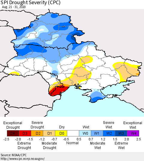 Ukraine, Moldova and Belarus SPI Drought Severity (CPC) Thematic Map For 8/21/2020 - 8/31/2020
