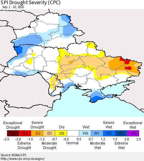 Ukraine, Moldova and Belarus SPI Drought Severity (CPC) Thematic Map For 9/1/2020 - 9/10/2020