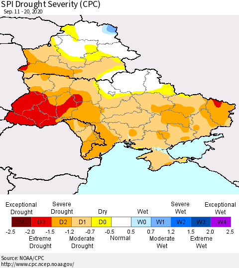 Ukraine, Moldova and Belarus SPI Drought Severity (CPC) Thematic Map For 9/11/2020 - 9/20/2020
