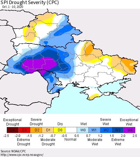 Ukraine, Moldova and Belarus SPI Drought Severity (CPC) Thematic Map For 10/1/2020 - 10/10/2020