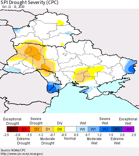 Ukraine, Moldova and Belarus SPI Drought Severity (CPC) Thematic Map For 10/21/2020 - 10/31/2020