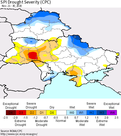 Ukraine, Moldova and Belarus SPI Drought Severity (CPC) Thematic Map For 11/21/2020 - 11/30/2020