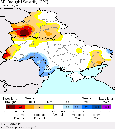 Ukraine, Moldova and Belarus SPI Drought Severity (CPC) Thematic Map For 12/11/2020 - 12/20/2020