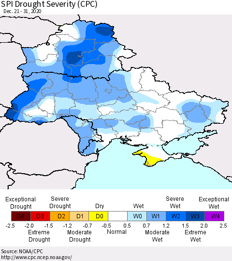 Ukraine, Moldova and Belarus SPI Drought Severity (CPC) Thematic Map For 12/21/2020 - 12/31/2020