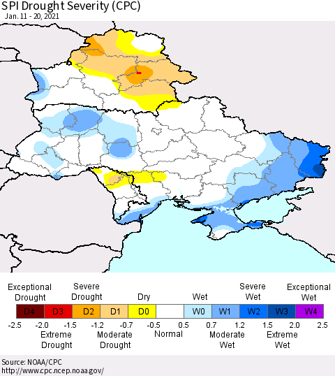 Ukraine, Moldova and Belarus SPI Drought Severity (CPC) Thematic Map For 1/11/2021 - 1/20/2021