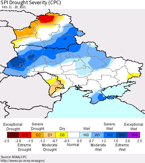 Ukraine, Moldova and Belarus SPI Drought Severity (CPC) Thematic Map For 2/11/2021 - 2/20/2021