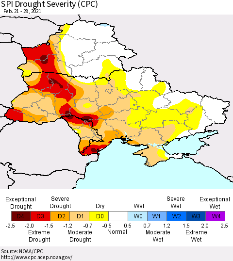 Ukraine, Moldova and Belarus SPI Drought Severity (CPC) Thematic Map For 2/21/2021 - 2/28/2021