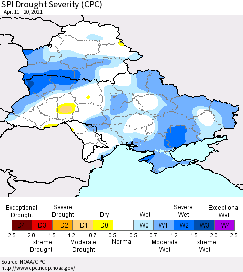 Ukraine, Moldova and Belarus SPI Drought Severity (CPC) Thematic Map For 4/11/2021 - 4/20/2021