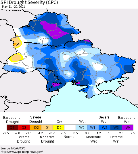 Ukraine, Moldova and Belarus SPI Drought Severity (CPC) Thematic Map For 5/11/2021 - 5/20/2021