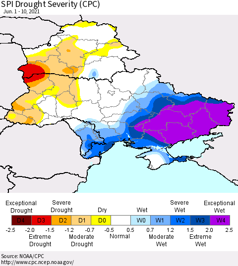 Ukraine, Moldova and Belarus SPI Drought Severity (CPC) Thematic Map For 6/1/2021 - 6/10/2021