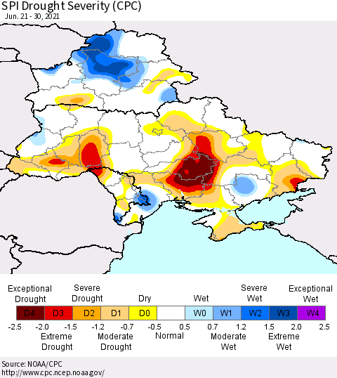 Ukraine, Moldova and Belarus SPI Drought Severity (CPC) Thematic Map For 6/21/2021 - 6/30/2021