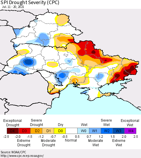 Ukraine, Moldova and Belarus SPI Drought Severity (CPC) Thematic Map For 7/11/2021 - 7/20/2021