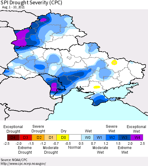 Ukraine, Moldova and Belarus SPI Drought Severity (CPC) Thematic Map For 8/1/2021 - 8/10/2021