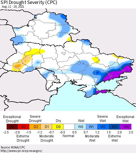 Ukraine, Moldova and Belarus SPI Drought Severity (CPC) Thematic Map For 8/11/2021 - 8/20/2021