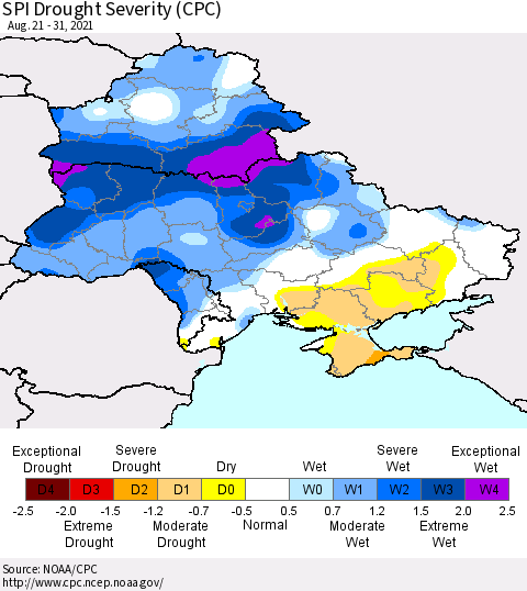 Ukraine, Moldova and Belarus SPI Drought Severity (CPC) Thematic Map For 8/21/2021 - 8/31/2021