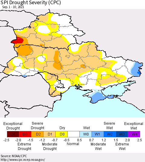Ukraine, Moldova and Belarus SPI Drought Severity (CPC) Thematic Map For 9/1/2021 - 9/10/2021