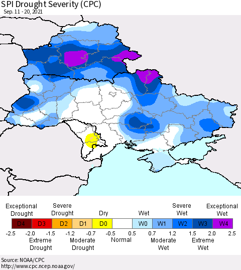 Ukraine, Moldova and Belarus SPI Drought Severity (CPC) Thematic Map For 9/11/2021 - 9/20/2021