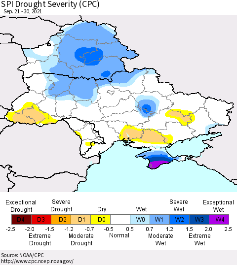 Ukraine, Moldova and Belarus SPI Drought Severity (CPC) Thematic Map For 9/21/2021 - 9/30/2021