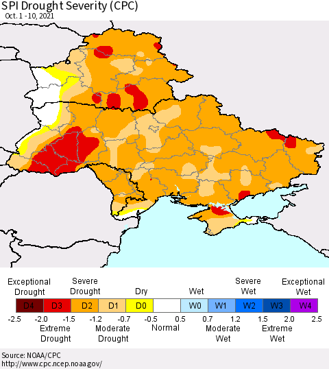 Ukraine, Moldova and Belarus SPI Drought Severity (CPC) Thematic Map For 10/1/2021 - 10/10/2021