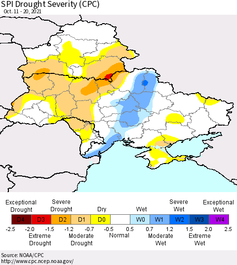 Ukraine, Moldova and Belarus SPI Drought Severity (CPC) Thematic Map For 10/11/2021 - 10/20/2021