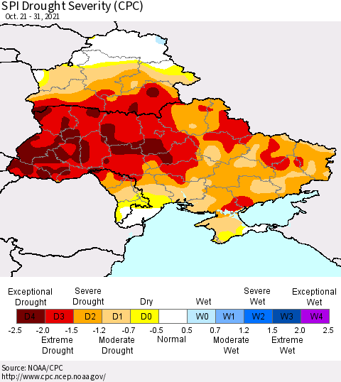 Ukraine, Moldova and Belarus SPI Drought Severity (CPC) Thematic Map For 10/21/2021 - 10/31/2021