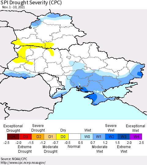 Ukraine, Moldova and Belarus SPI Drought Severity (CPC) Thematic Map For 11/1/2021 - 11/10/2021