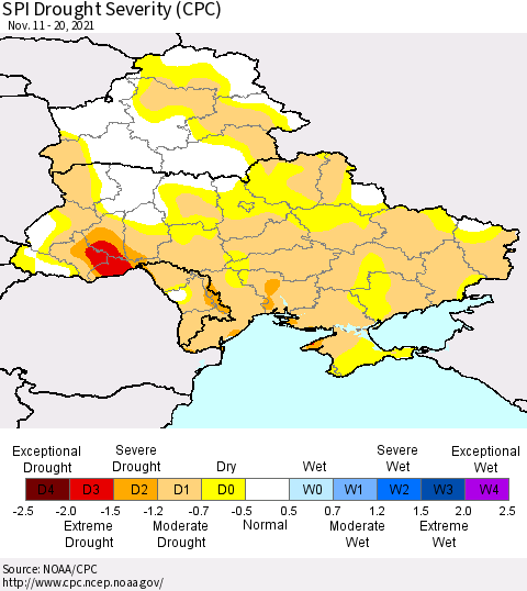 Ukraine, Moldova and Belarus SPI Drought Severity (CPC) Thematic Map For 11/11/2021 - 11/20/2021