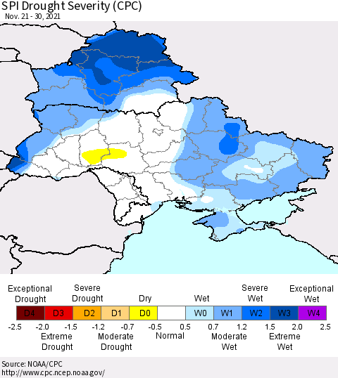 Ukraine, Moldova and Belarus SPI Drought Severity (CPC) Thematic Map For 11/21/2021 - 11/30/2021