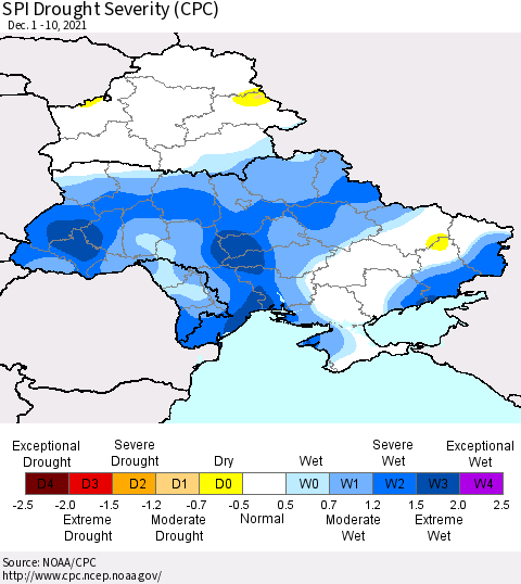 Ukraine, Moldova and Belarus SPI Drought Severity (CPC) Thematic Map For 12/1/2021 - 12/10/2021