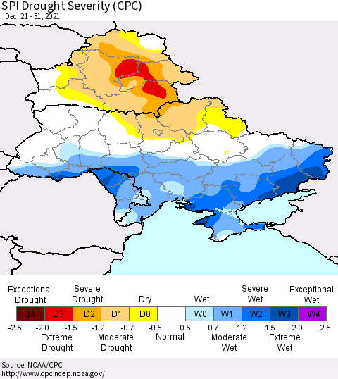 Ukraine, Moldova and Belarus SPI Drought Severity (CPC) Thematic Map For 12/21/2021 - 12/31/2021