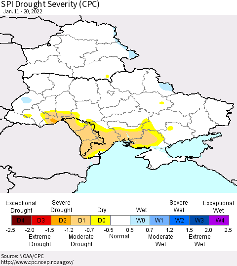 Ukraine, Moldova and Belarus SPI Drought Severity (CPC) Thematic Map For 1/11/2022 - 1/20/2022