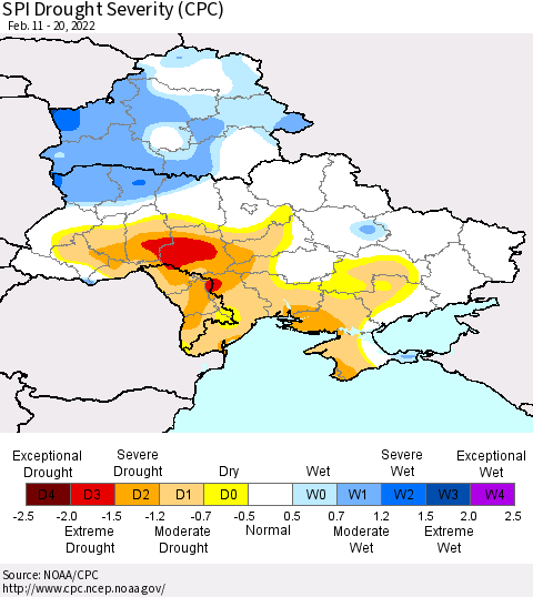 Ukraine, Moldova and Belarus SPI Drought Severity (CPC) Thematic Map For 2/11/2022 - 2/20/2022