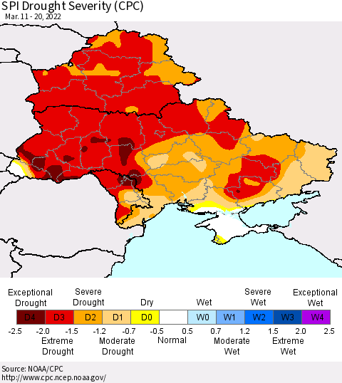 Ukraine, Moldova and Belarus SPI Drought Severity (CPC) Thematic Map For 3/11/2022 - 3/20/2022