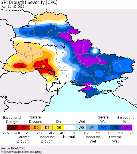 Ukraine, Moldova and Belarus SPI Drought Severity (CPC) Thematic Map For 4/11/2022 - 4/20/2022