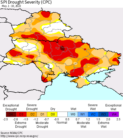 Ukraine, Moldova and Belarus SPI Drought Severity (CPC) Thematic Map For 5/1/2022 - 5/10/2022