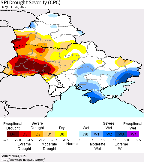 Ukraine, Moldova and Belarus SPI Drought Severity (CPC) Thematic Map For 5/11/2022 - 5/20/2022