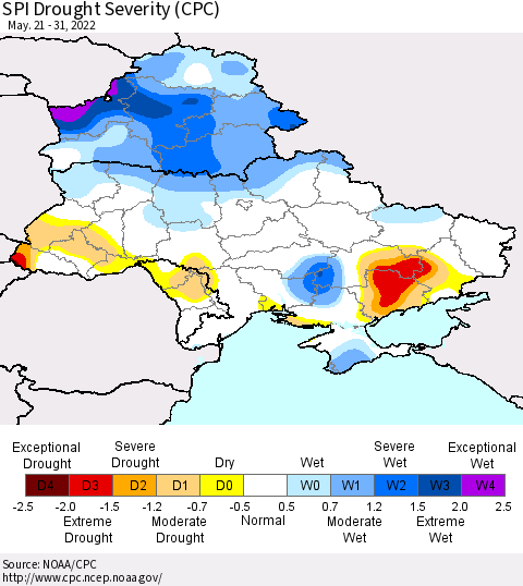 Ukraine, Moldova and Belarus SPI Drought Severity (CPC) Thematic Map For 5/21/2022 - 5/31/2022