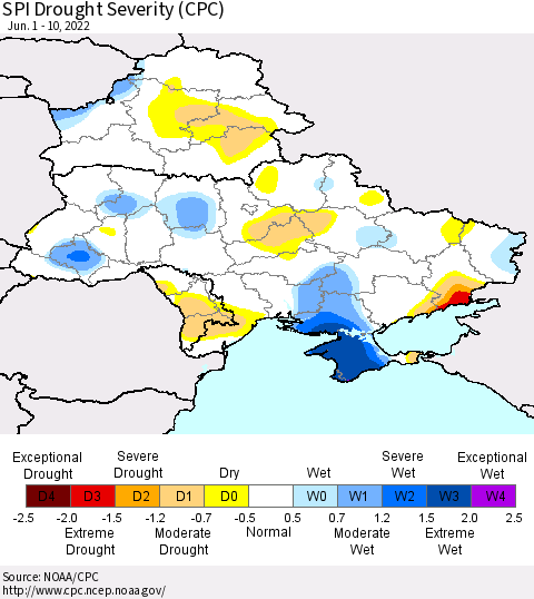 Ukraine, Moldova and Belarus SPI Drought Severity (CPC) Thematic Map For 6/1/2022 - 6/10/2022