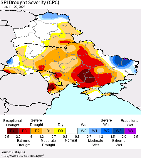 Ukraine, Moldova and Belarus SPI Drought Severity (CPC) Thematic Map For 6/11/2022 - 6/20/2022