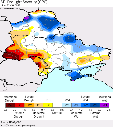 Ukraine, Moldova and Belarus SPI Drought Severity (CPC) Thematic Map For 6/21/2022 - 6/30/2022