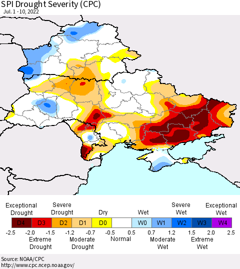 Ukraine, Moldova and Belarus SPI Drought Severity (CPC) Thematic Map For 7/1/2022 - 7/10/2022