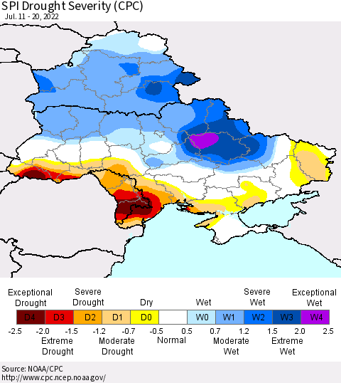Ukraine, Moldova and Belarus SPI Drought Severity (CPC) Thematic Map For 7/11/2022 - 7/20/2022