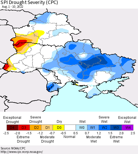 Ukraine, Moldova and Belarus SPI Drought Severity (CPC) Thematic Map For 8/1/2022 - 8/10/2022