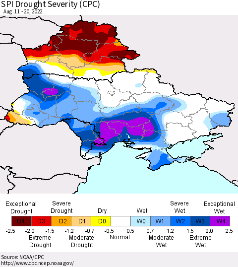 Ukraine, Moldova and Belarus SPI Drought Severity (CPC) Thematic Map For 8/11/2022 - 8/20/2022
