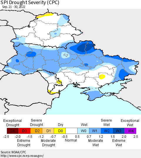 Ukraine, Moldova and Belarus SPI Drought Severity (CPC) Thematic Map For 9/21/2022 - 9/30/2022