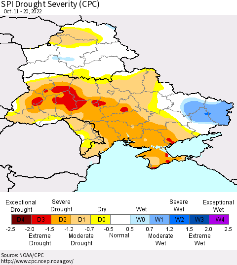 Ukraine, Moldova and Belarus SPI Drought Severity (CPC) Thematic Map For 10/11/2022 - 10/20/2022