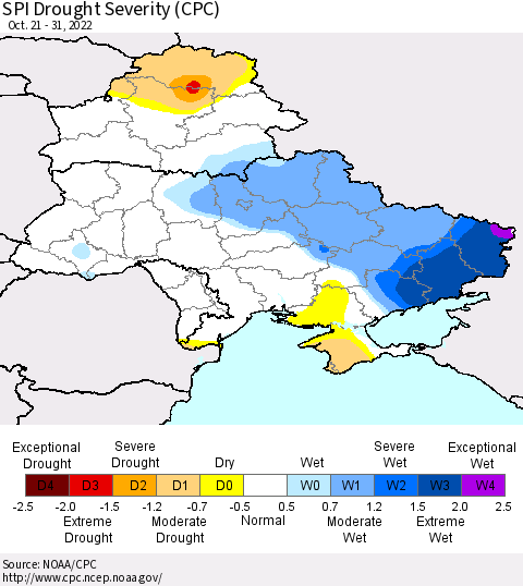 Ukraine, Moldova and Belarus SPI Drought Severity (CPC) Thematic Map For 10/21/2022 - 10/31/2022