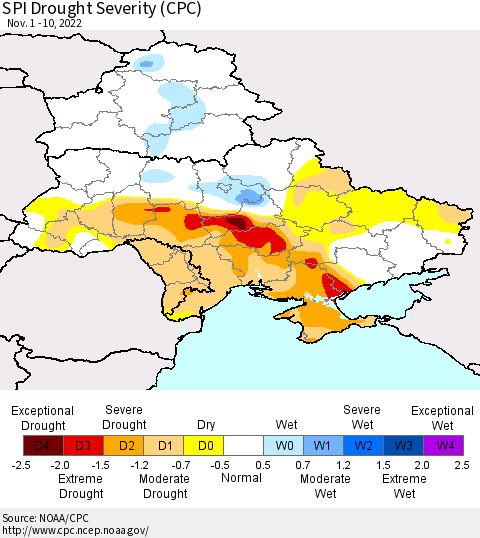 Ukraine, Moldova and Belarus SPI Drought Severity (CPC) Thematic Map For 11/1/2022 - 11/10/2022